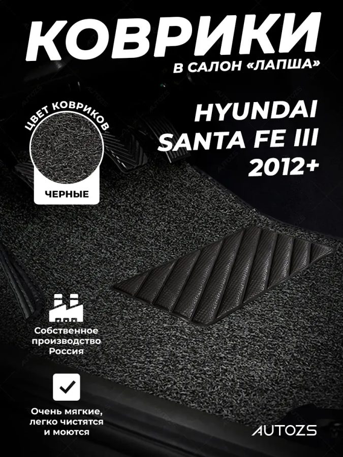 Коврики в салон ворсовые лапша для Hyundai Santa Fe III (2012+)